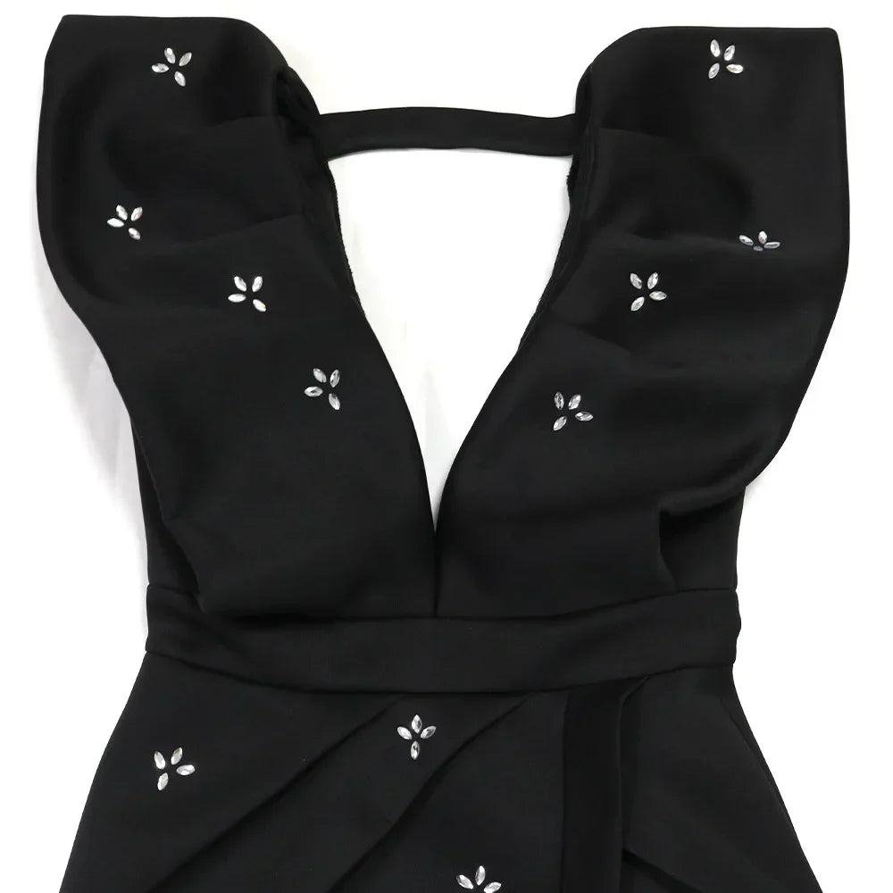 Diamond Ruched Bodycon Mini Dress - V-Neck, Sleeveless
