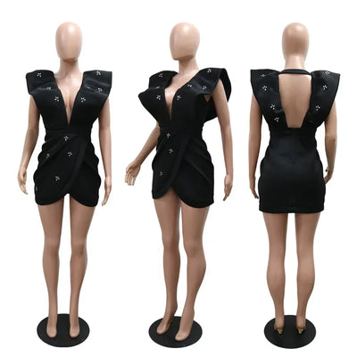 Diamond Ruched Bodycon Mini Dress - V-Neck, Sleeveless
