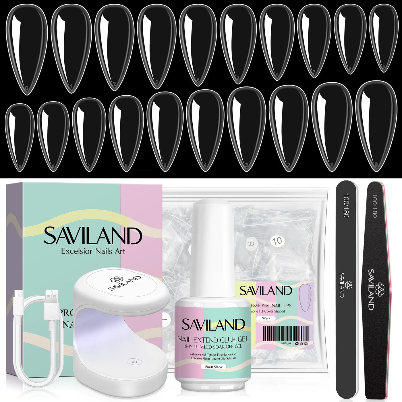500pcs Gel X Nail Kit - Coffin & Almond Tips with UV Lamp