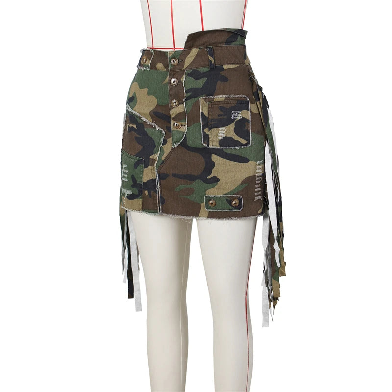 Camouflage Mini Cargo Skirt - Tassel, High Waist, Button Detail