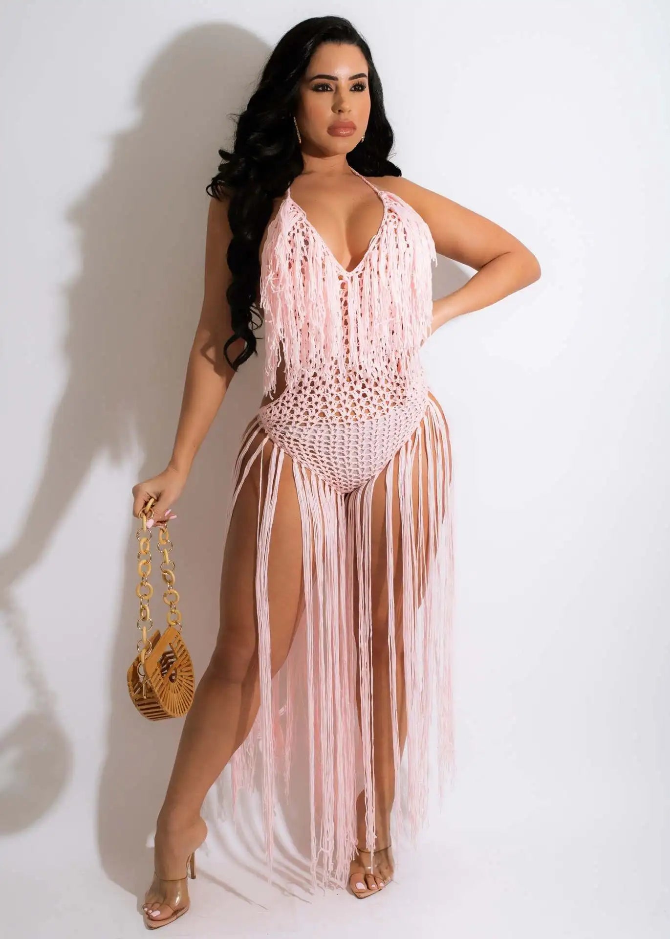 Knit Rib Tassel Romper - Fishnet Halter, Lace Up, See-Through