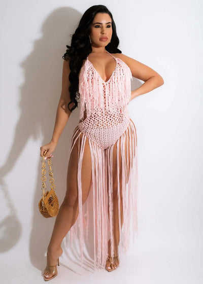 Knit Rib Tassel Romper - Fishnet Halter, Lace Up, See-Through