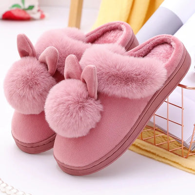 Rabbit Ear Furry Slippers - Warm, Indoor, Plush