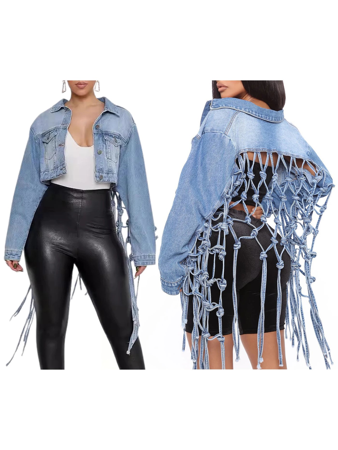 Oversized Plaid Denim Coat - Long Sleeve Button-Up Fringe Jacket