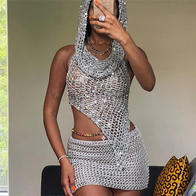 Crochet 2 Piece Set - Sequins, Hooded, Backless