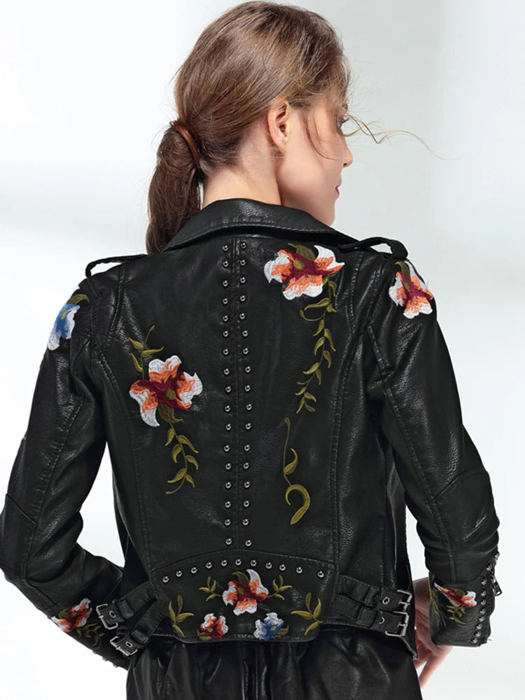 Floral Embroidered Faux Leather Jacket - Motorcycle Biker Coat