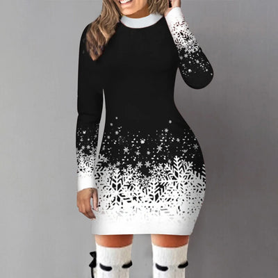 Snowflake Print Mini Dress - Long Sleeve, Round Neck, Elegant