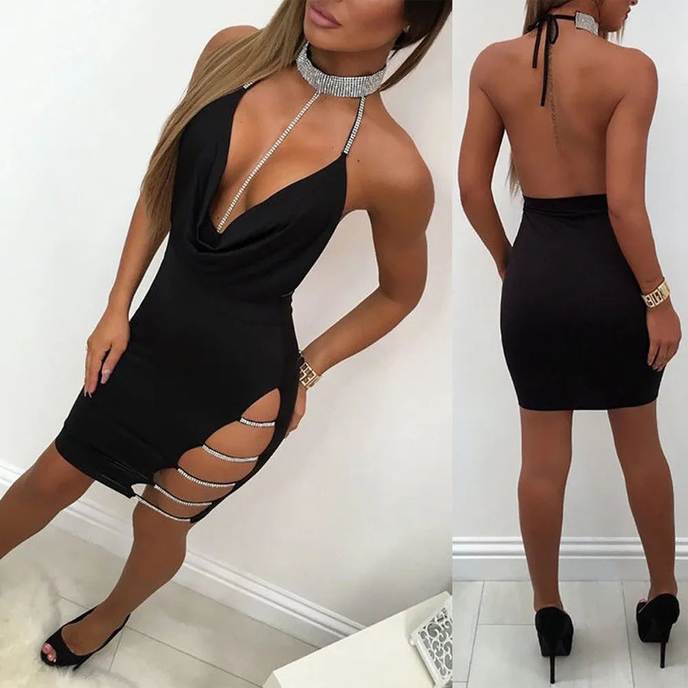 Sequin Deep V-Neck Mini Dress - Slit, Choker, Backless