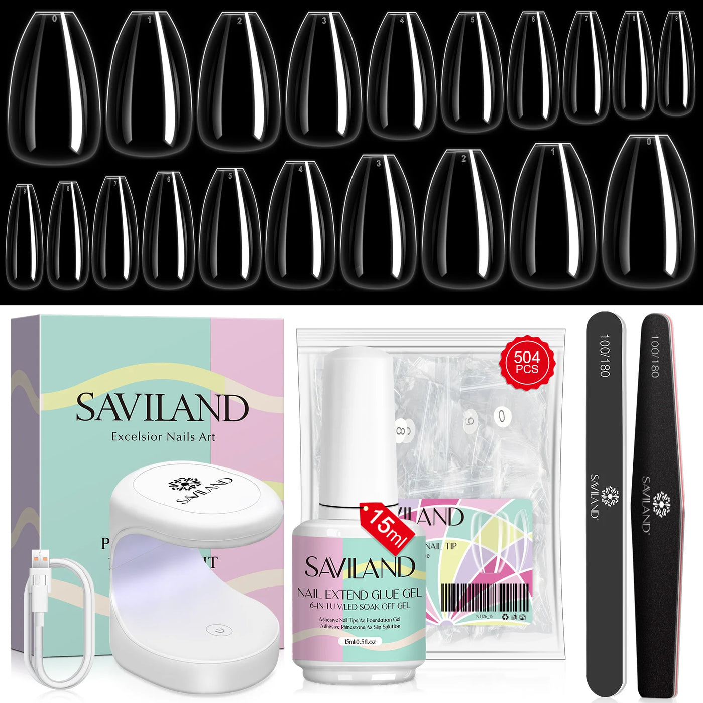 500pcs Gel X Nail Kit - Coffin & Almond Tips with UV Lamp