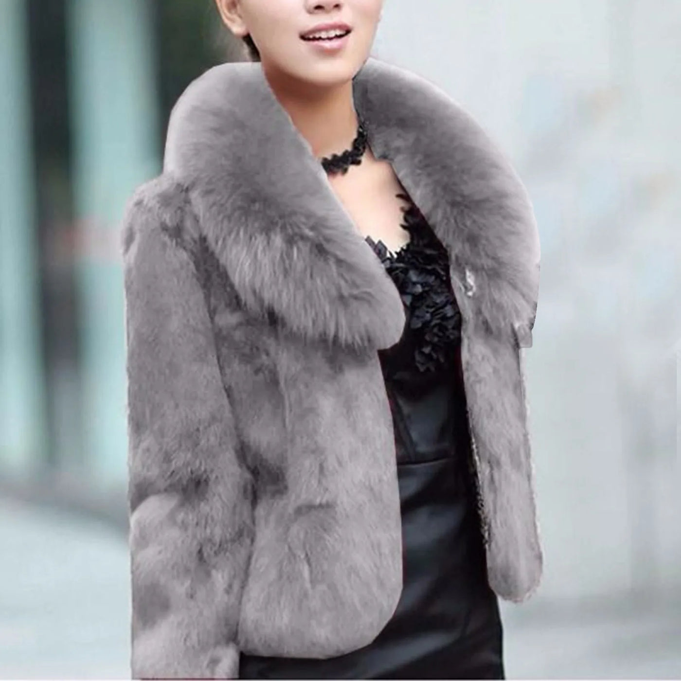 Elegant Faux Fur Coat - Long Sleeve, Turn-Down Neck, Winter Warm