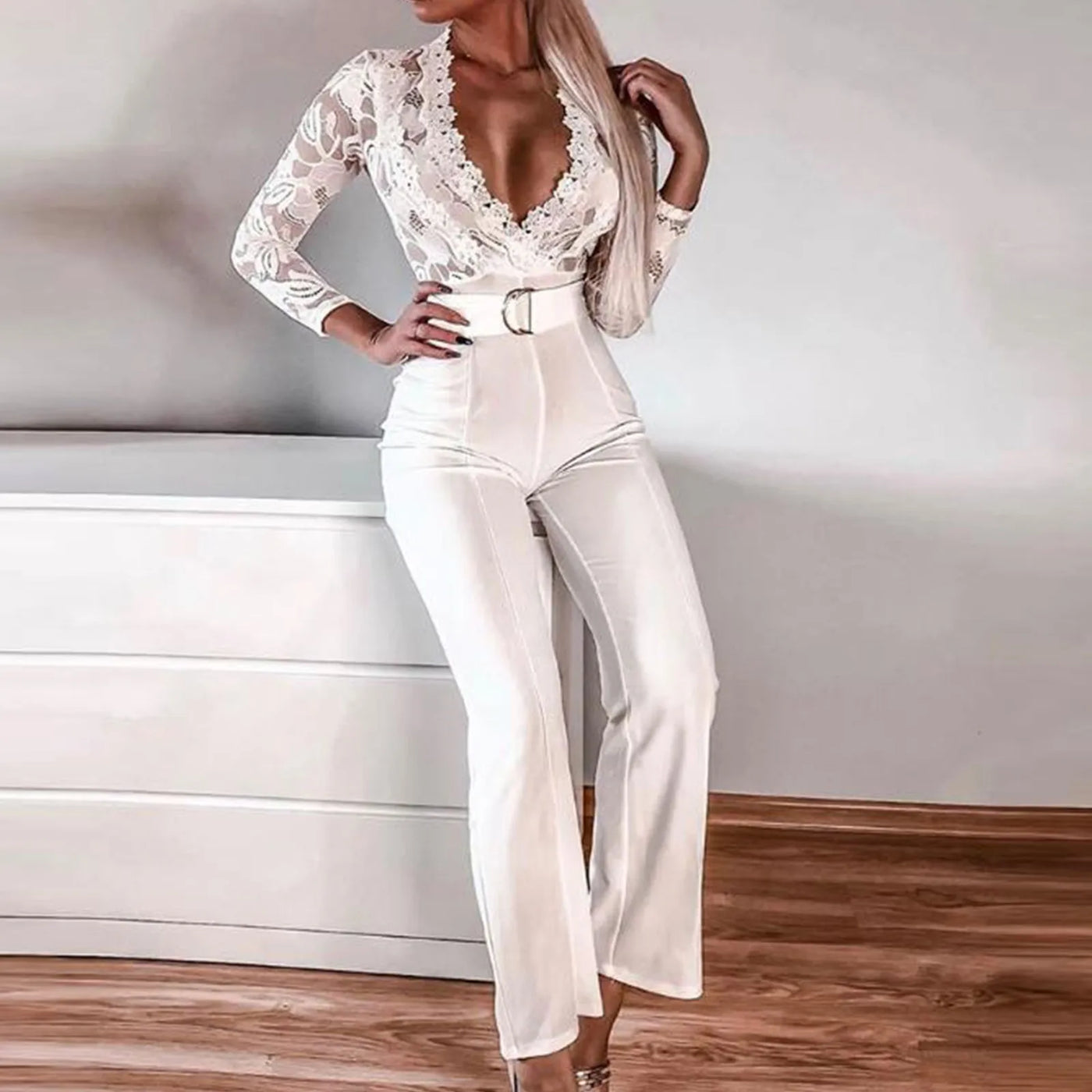 Lace V-Neck Jumpsuit - Belted, Wide Leg