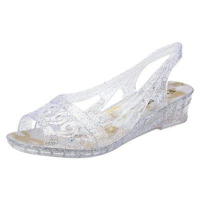 Crystal Wedge Heel Sandals - Fish Mouth, Peep Toe, Slip On
