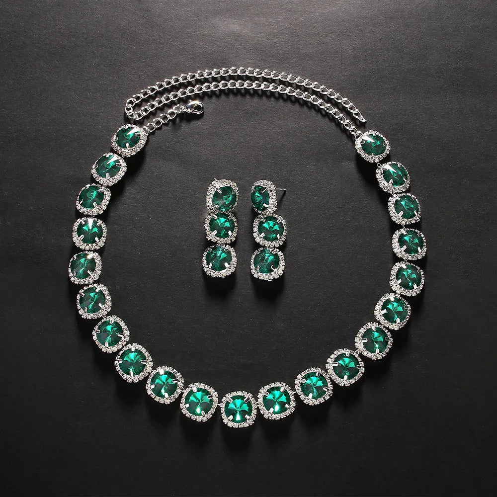 Stonefans Green Square Necklace & Earrings Set - Luxury