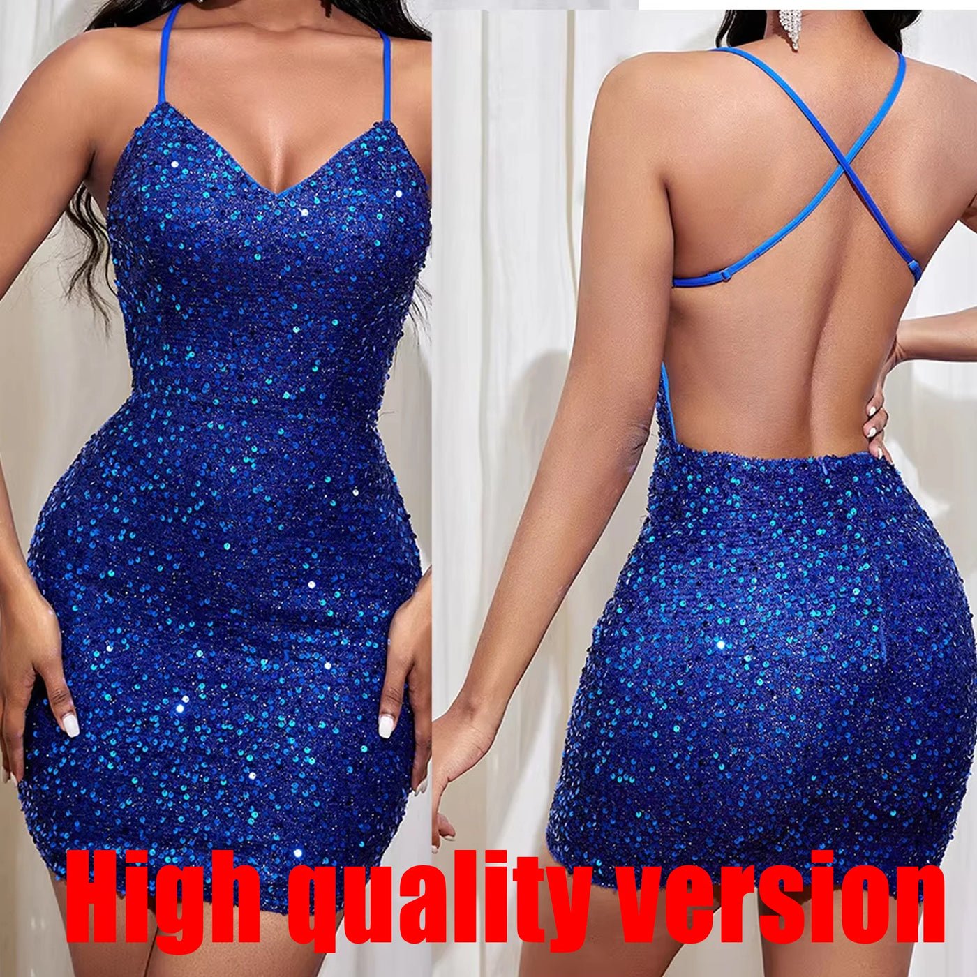 V-Neck Halter Sequin Mini Dress - Backless, Drawstring