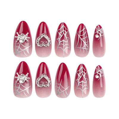 Almond Red Press-On Nails - Silver Spiderweb & Heart