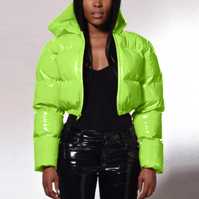 Cropped Puffer Jacket - Winter Warm, Hooded, Zipper