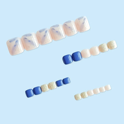 24 Pcs Short Square Press On Toenails - Blue/White Smudged, Gold Foil