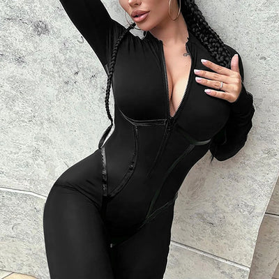 Bright Leather Splicing Jumpsuit - Long Sleeve, Zip, Sporty