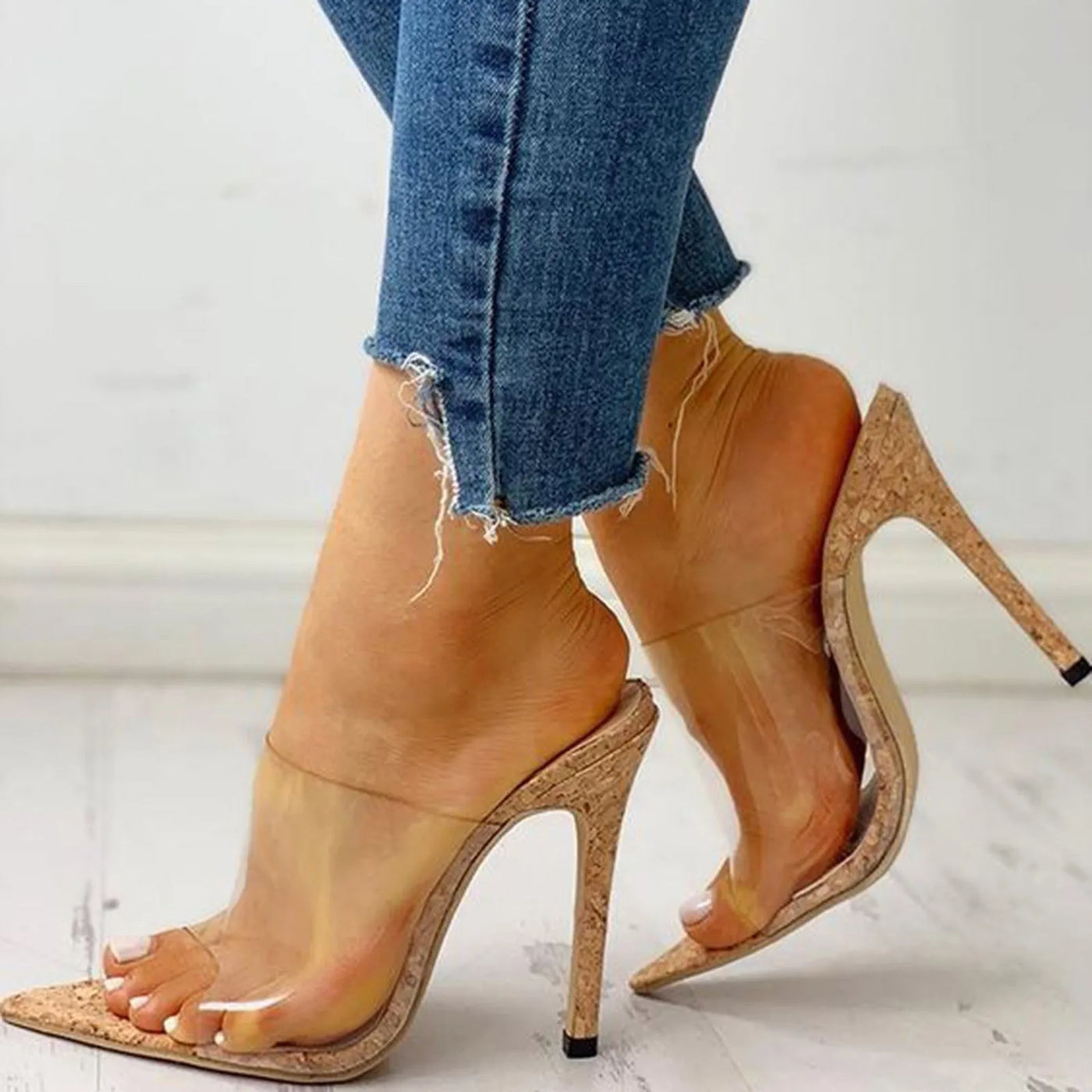 Transparent Stiletto Sandals - Pointed Toe, Ultra High Heels