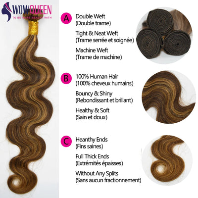 P4/27 Highlight Body Wave Bundles - Brazilian Remy Hair Extensions - Ombre Honey Brown