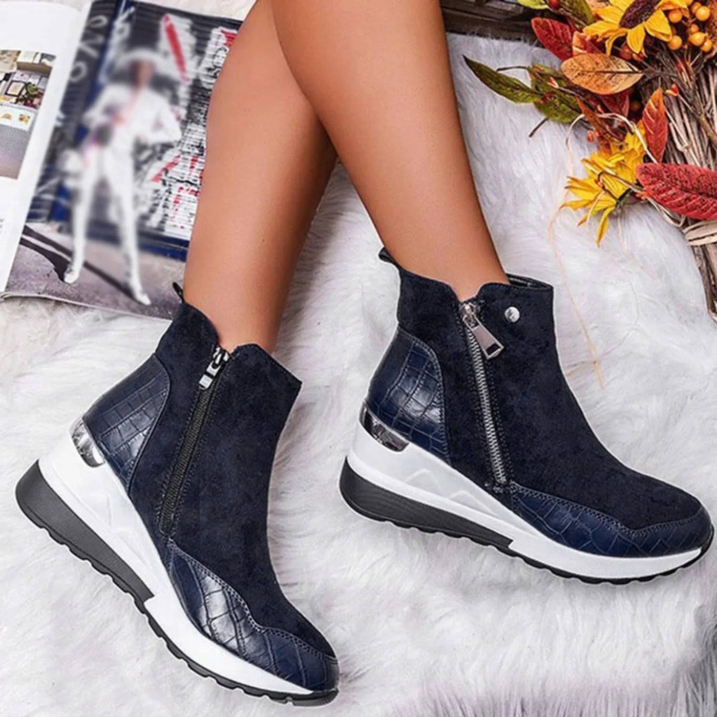 Ankle Boots - Flat, Wedge Heel, Thick Bottom, Casual