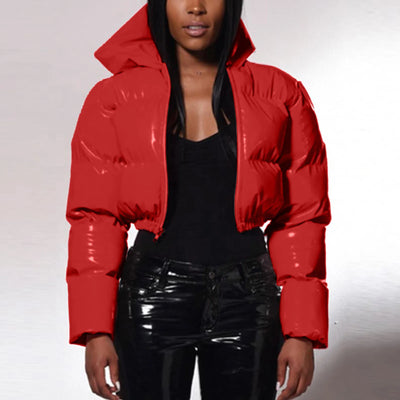 Cropped Puffer Jacket - Winter Warm, Hooded, Zipper