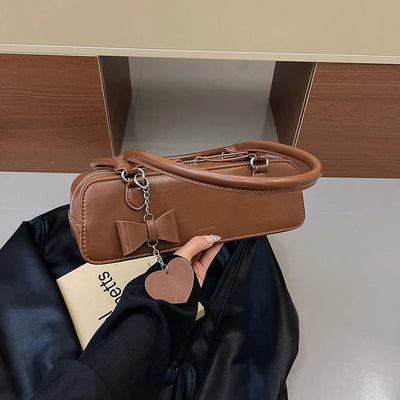 PU Leather Hobo Bag - Solid Color, Heart Pendant
