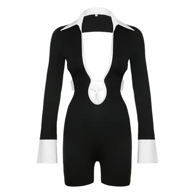 Black White Deep V Patchwork Jumpsuit