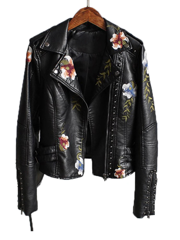 Floral Embroidered Faux Leather Jacket - Motorcycle Biker Coat