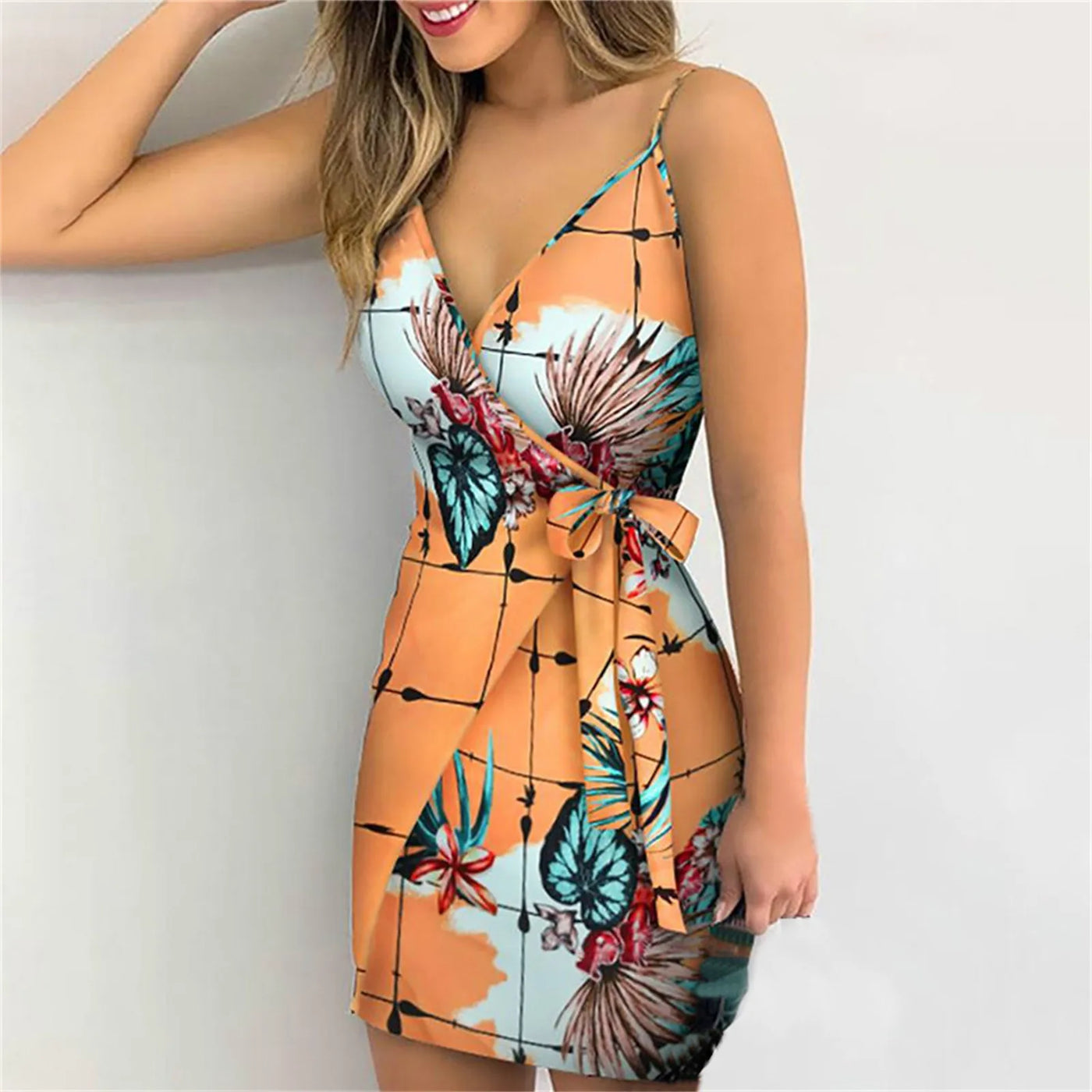 Floral Mini Dress - Bow Lace-Up, Backless, Spaghetti Strap