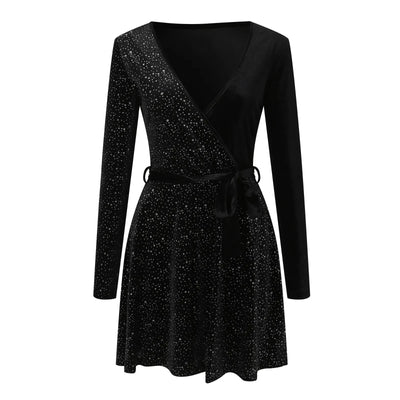 Rhinestone Velvet Mini Dress - Long Sleeve, Deep V, Cross Neck