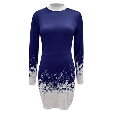 Snowflake Print Mini Dress - Long Sleeve, Round Neck, Elegant