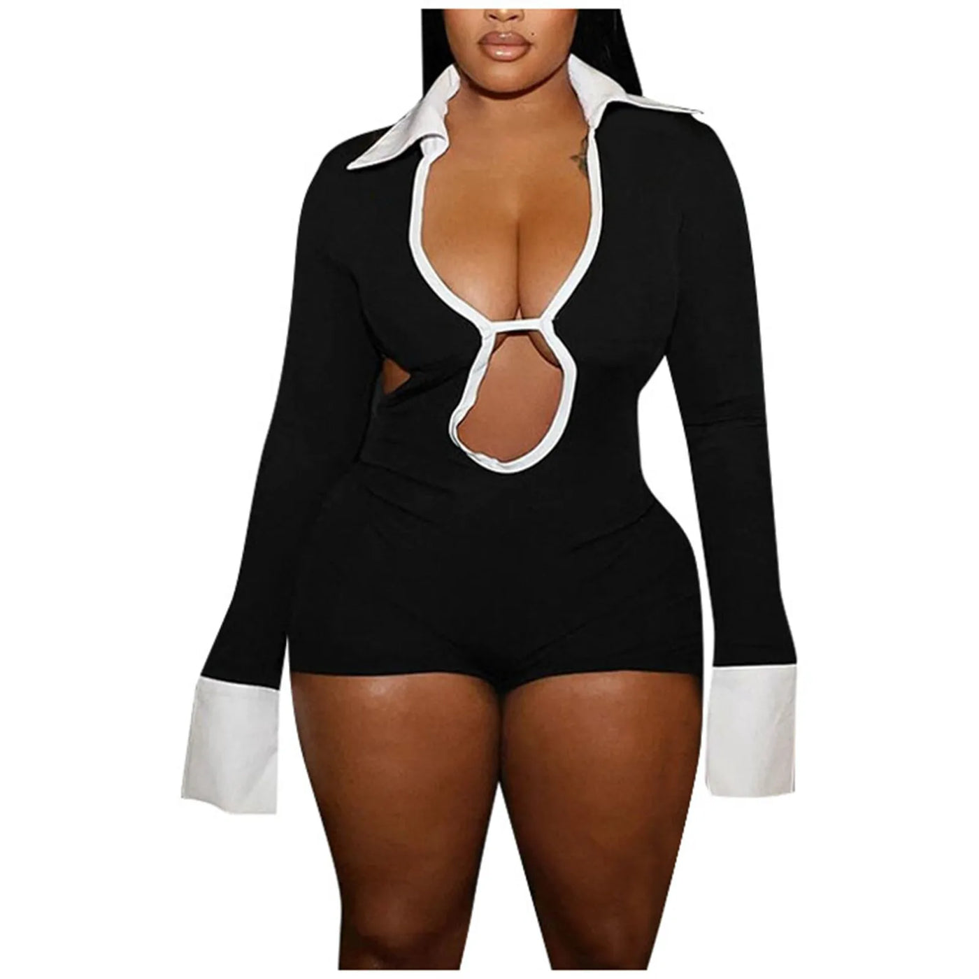 Black White Deep V Patchwork Jumpsuit