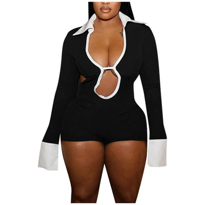 Black White Deep V Patchwork Jumpsuit