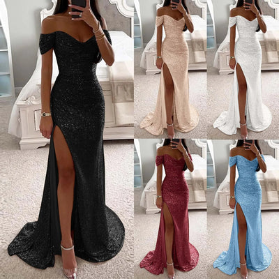Sexy Sequin Evening Gown - V-Neck, Long, High Slit