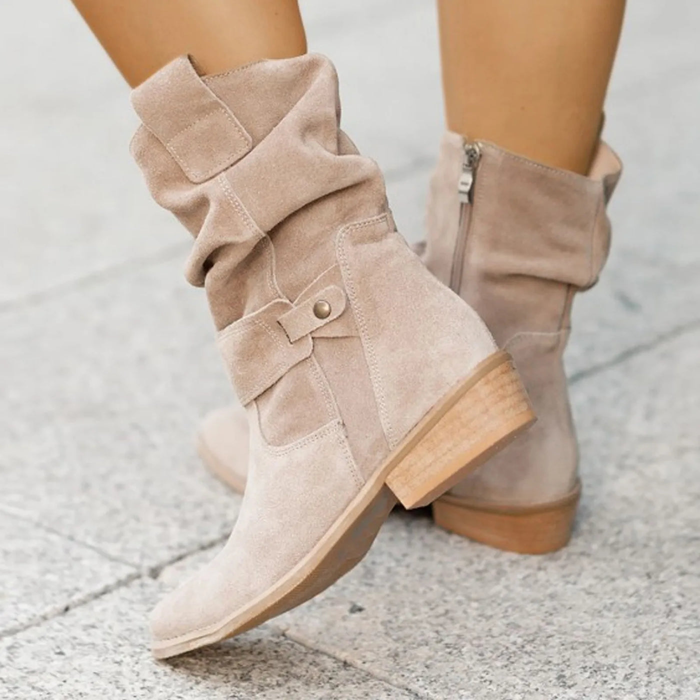 Suede Western Ankle Boots - High Heel, Side Zipper